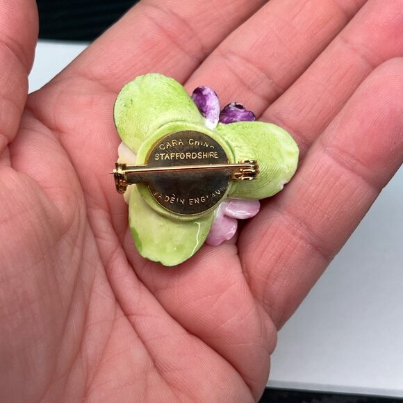 Cara China Staffordshire Floral Brooch Pin Purple Pink Flowers Porcelain MCM - Picture 4 of 7